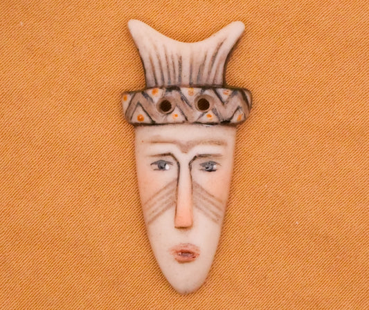 Tribal Mask Face Hand-Painted Porcelain Ceramic Button 16x32mm