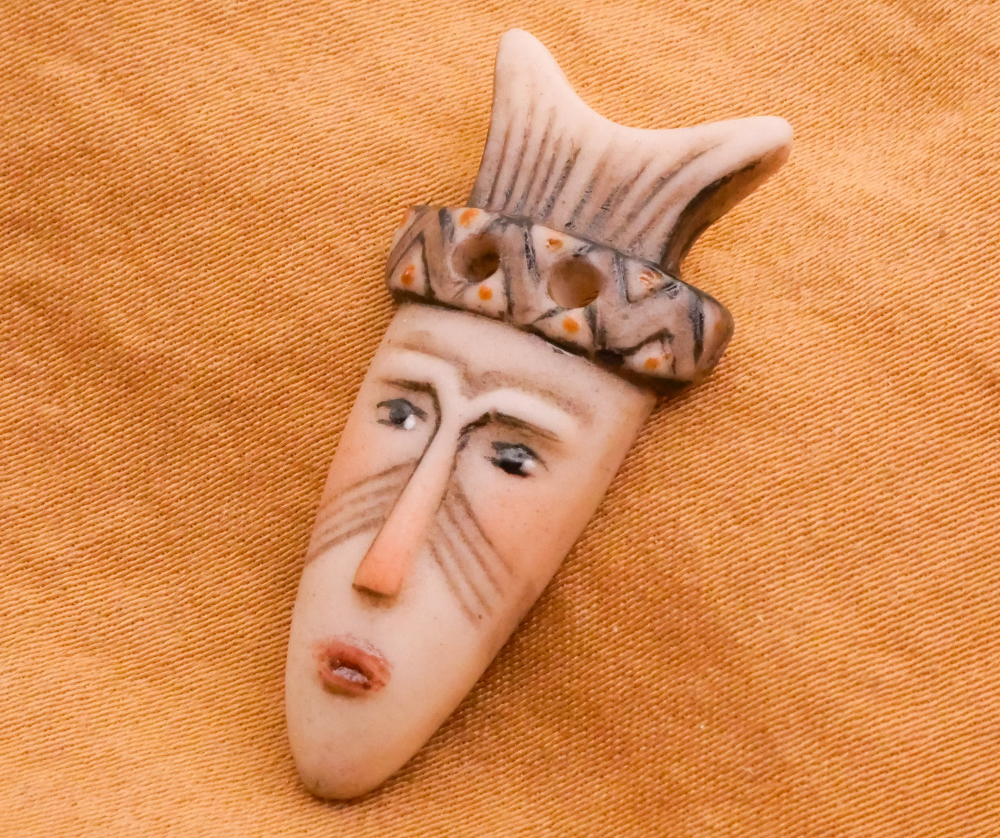 Tribal Mask Face Hand-Painted Porcelain Ceramic Button 16x32mm