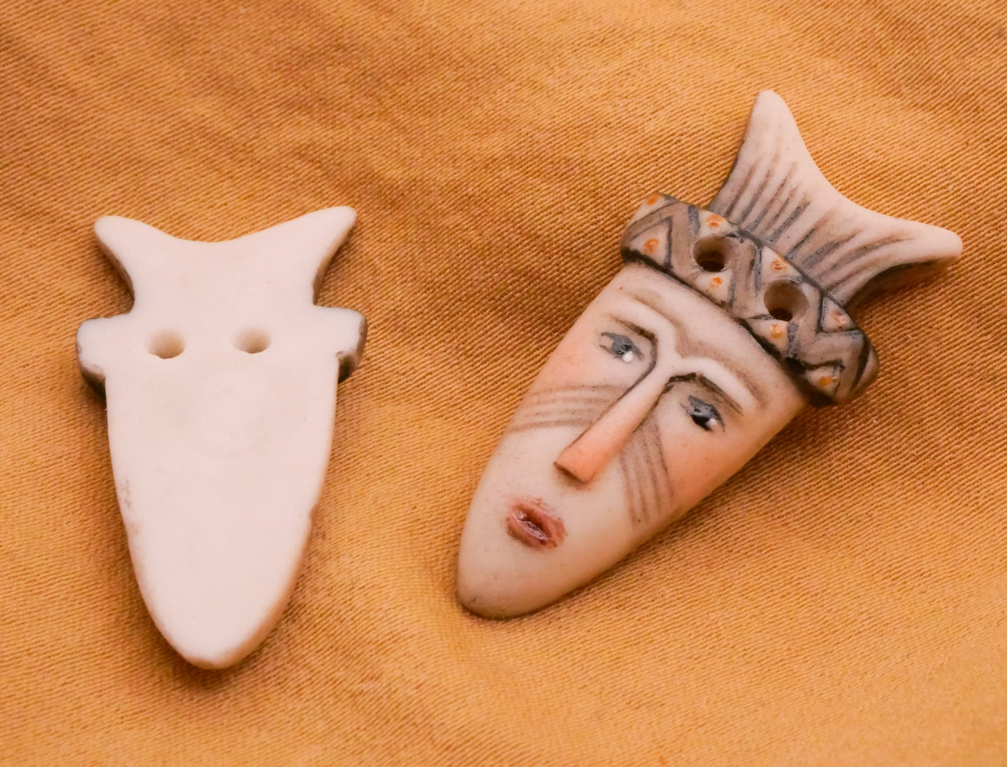 Tribal Mask Face Hand-Painted Porcelain Ceramic Button 16x32mm