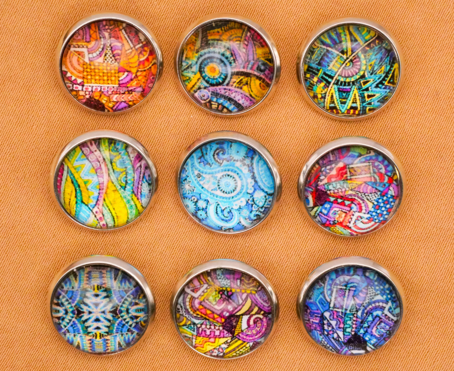 Tribal Patterns Colorful Glass Dome Silver Metal Button Various 14mm
