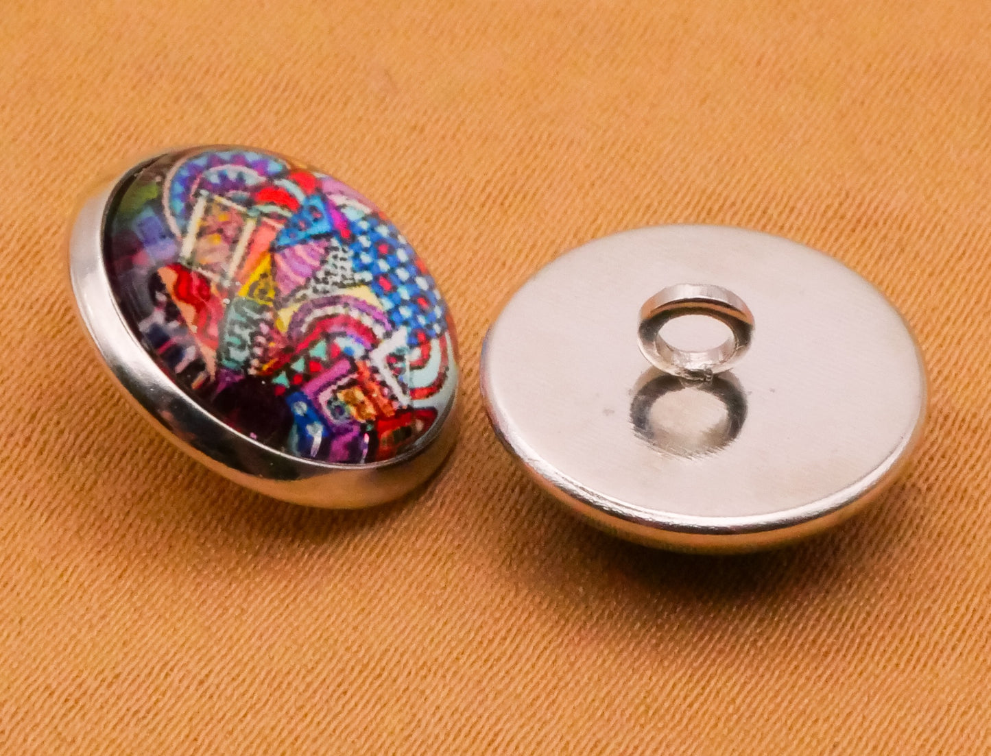 Tribal Patterns Colorful Glass Dome Silver Metal Button Various 14mm