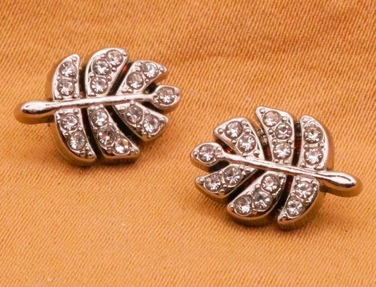 Leaf Rhinestone Silver Metal Pair of Buttons 9x13mm