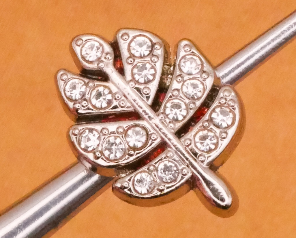 Leaf Rhinestone Silver Metal Pair of Buttons 9x13mm