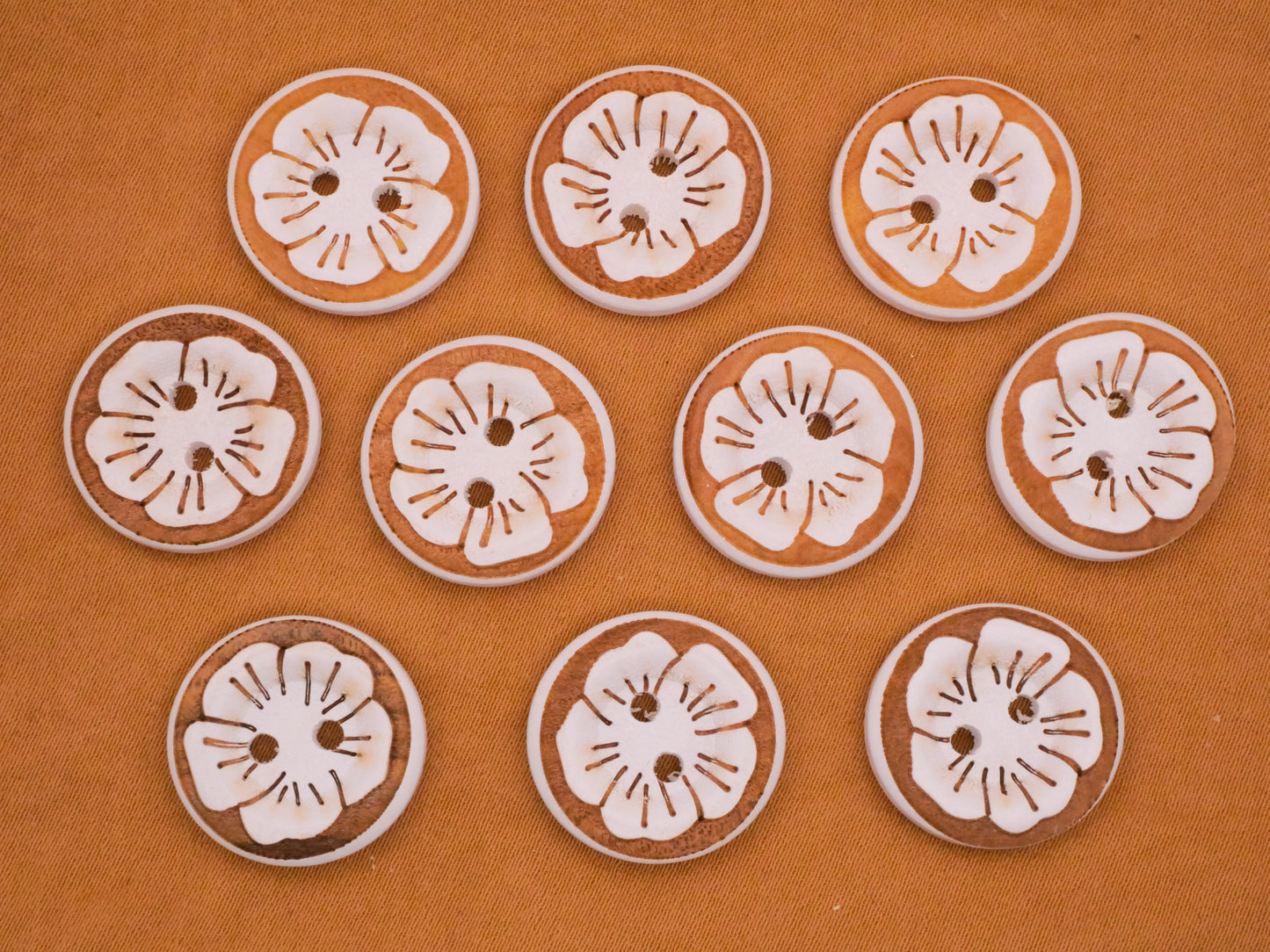 Tropical Flower White Wood Set of Ten Buttons 18mm