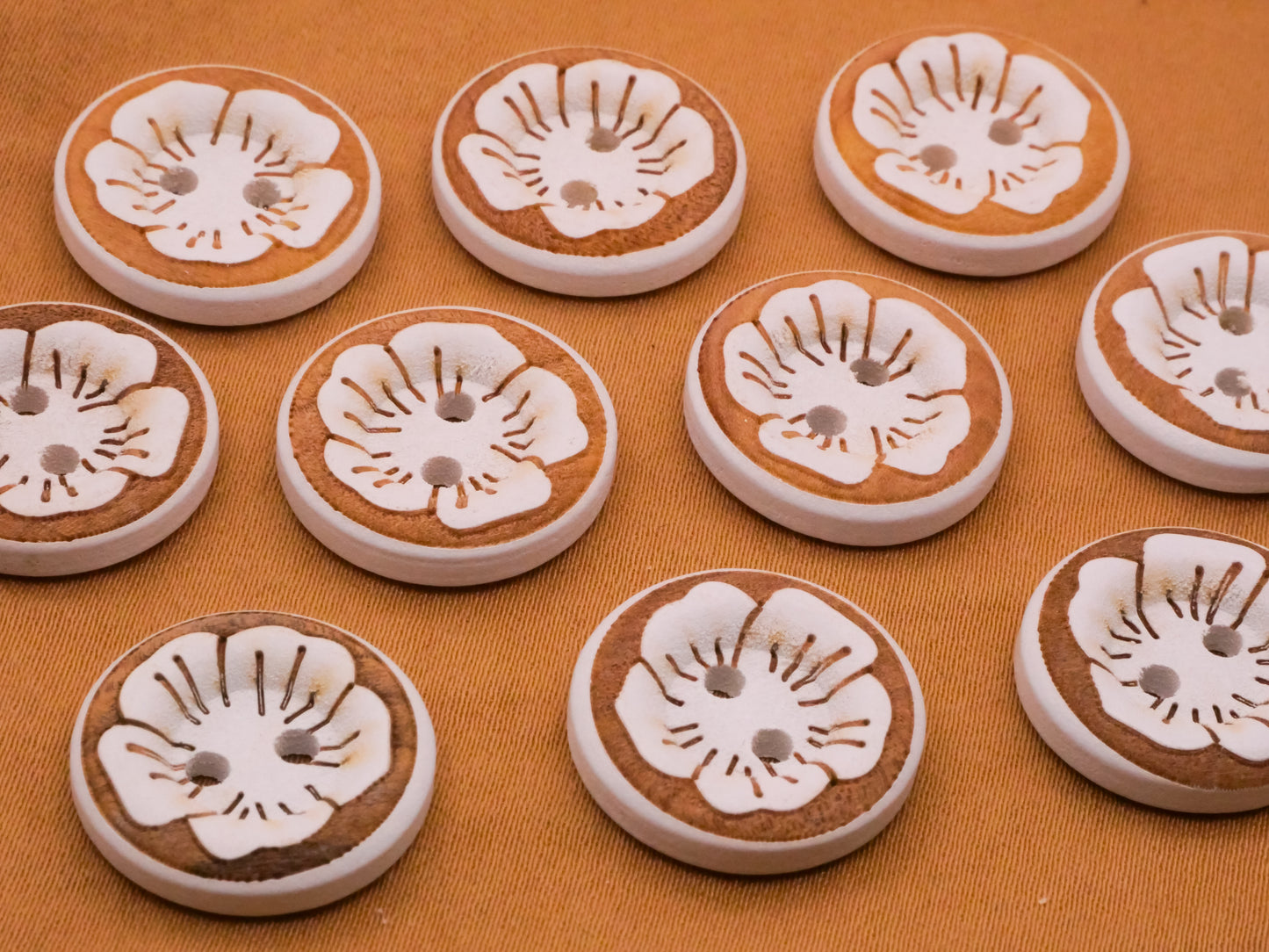 Tropical Flower White Wood Set of Ten Buttons 18mm