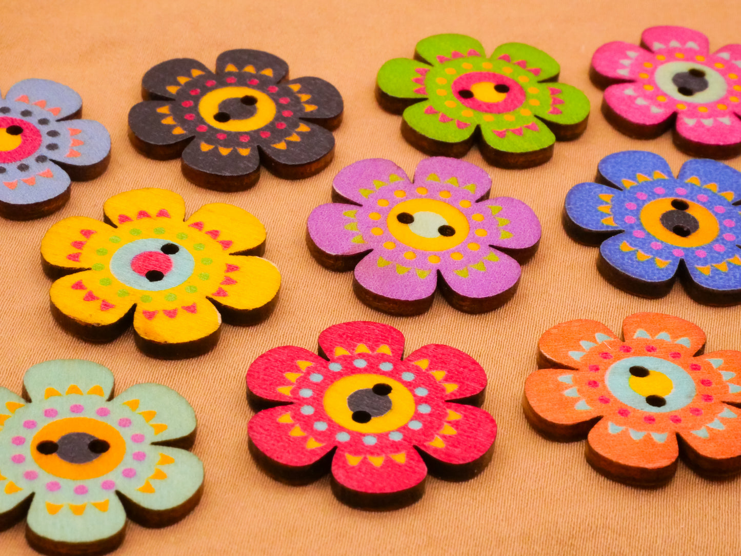 Flower Scallop Edge Colorful Wood Assorted Set of Ten Buttons 25mm