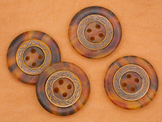 Tortoiseshell Look Metal Wreath Inlay Vintage Plastic Set of Four Buttons 23mm