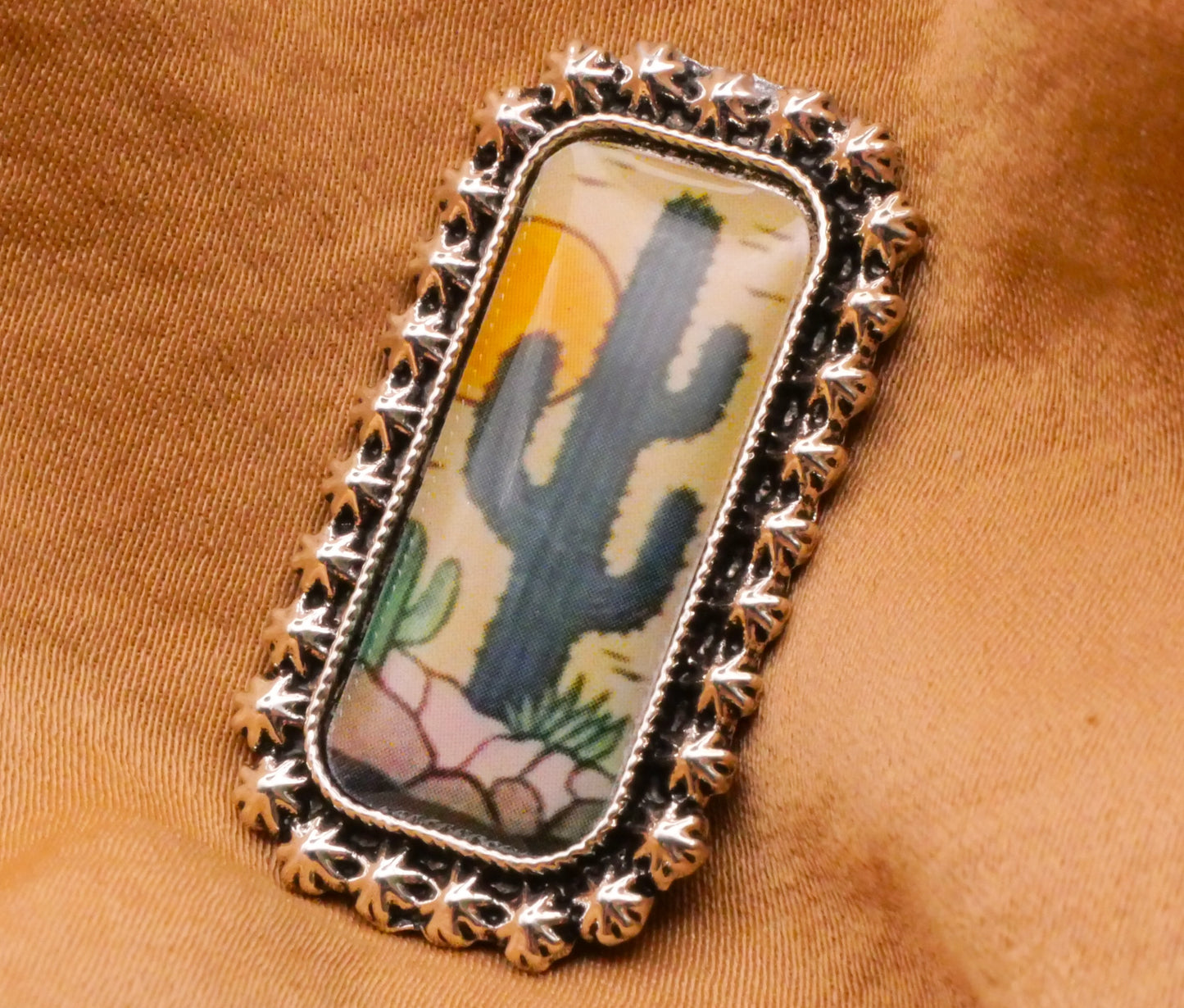 Cactus Sun Landscape Rectangular Silver Metal Button 17x30mm