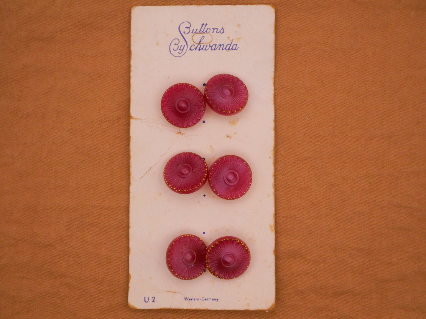 Flower Pink Gold Vintage Glass Carded Set of Six Buttons 13mm