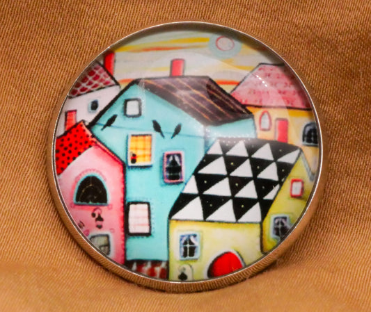 Village Houses Homes Bird Wire Glass Dome Silver Metal Button 27mm