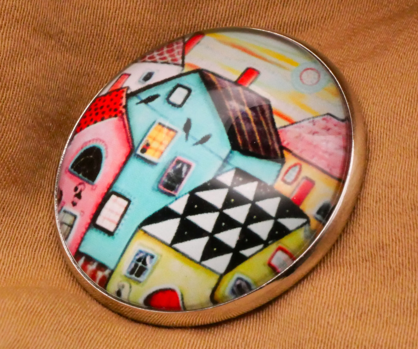 Village Houses Homes Bird Wire Glass Dome Silver Metal Button 27mm