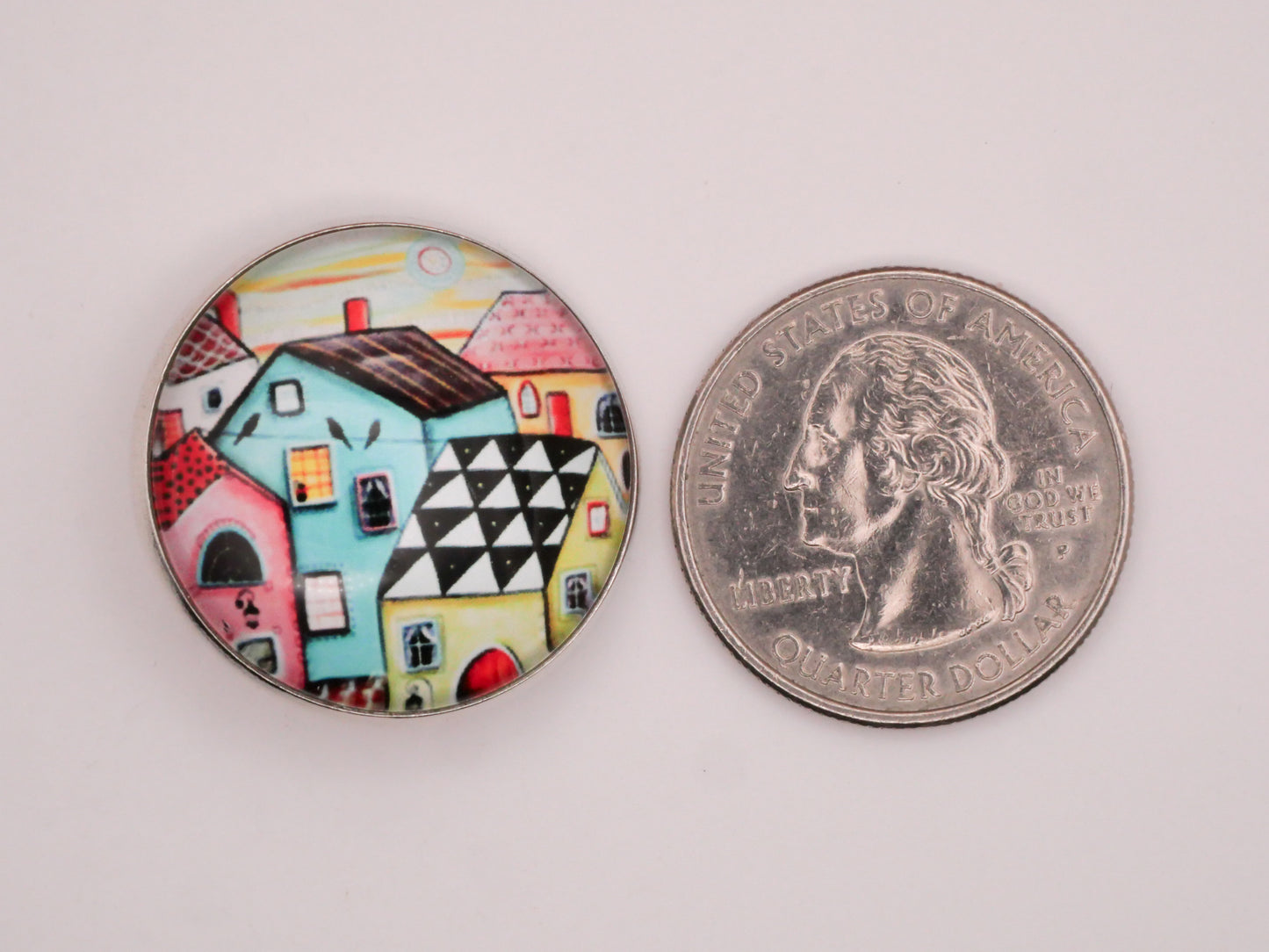 Village Houses Homes Bird Wire Glass Dome Silver Metal Button 27mm
