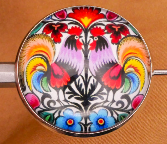 Roosters Folk Art Design Glass Dome Silver Metal Button 27mm