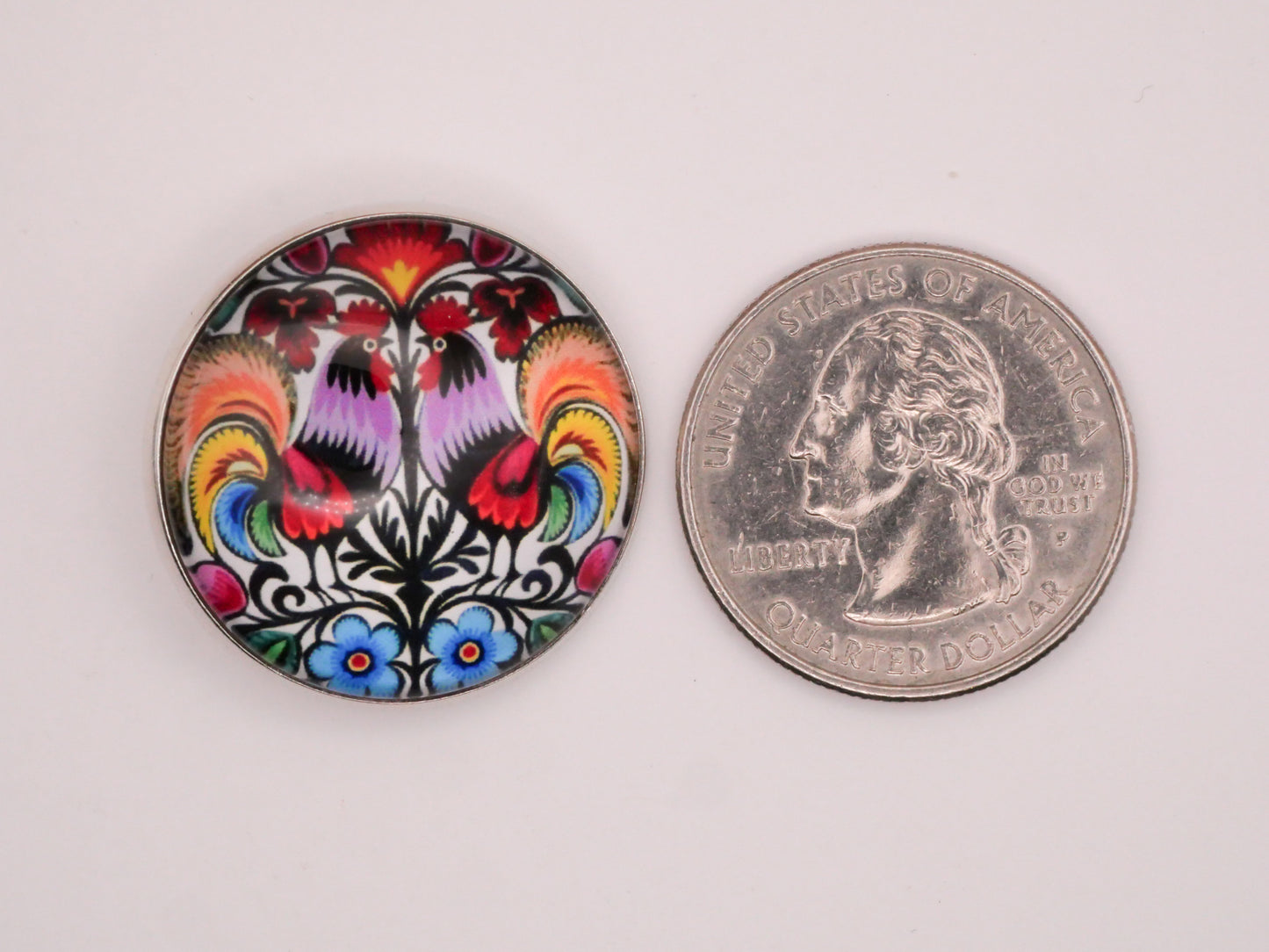 Roosters Folk Art Design Glass Dome Silver Metal Button 27mm