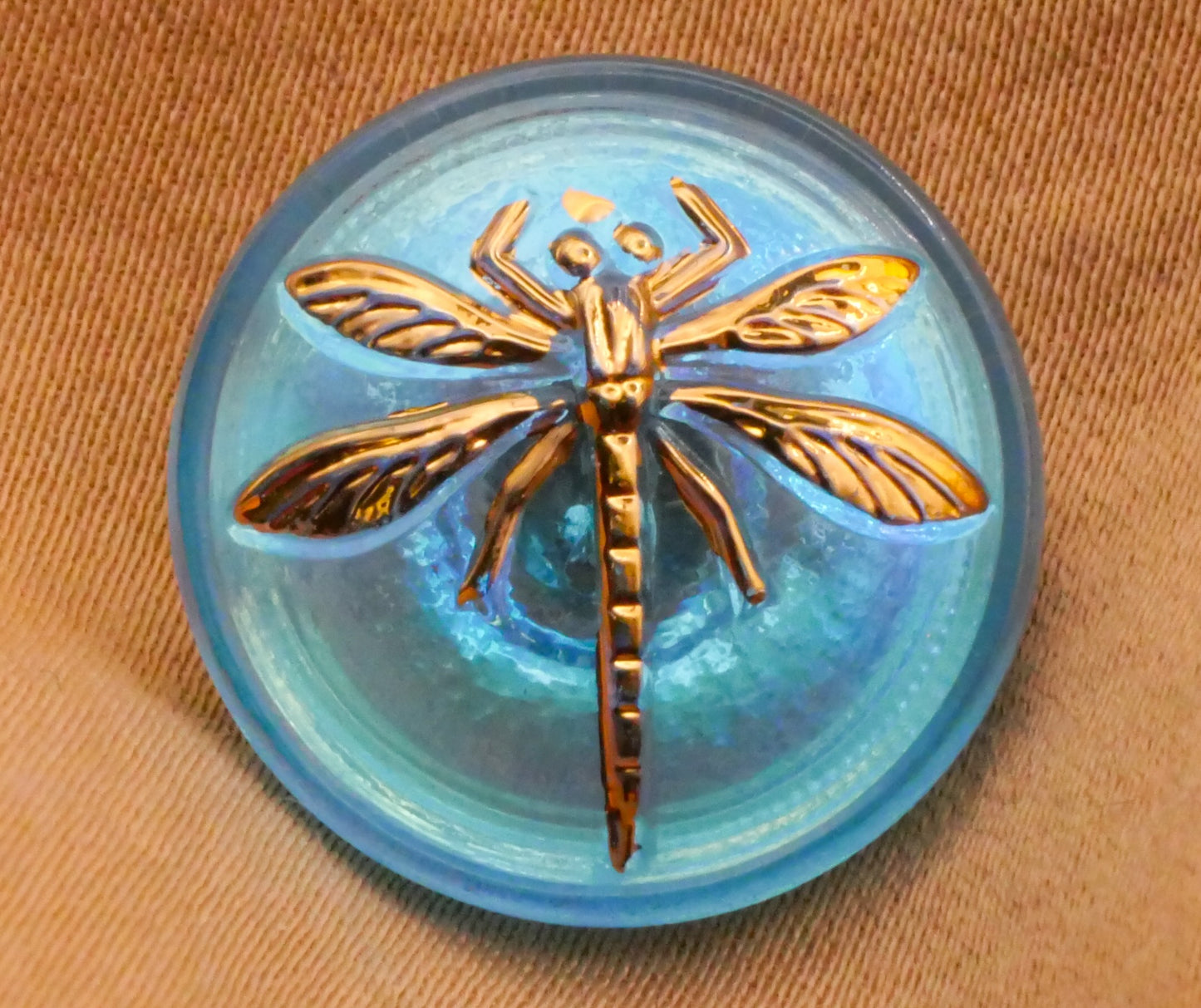 Dragonfly Czech Glass Aquamarine Gold Glass Button 18mm