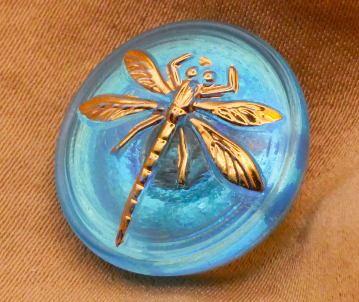 Dragonfly Czech Glass Aquamarine Gold Glass Button 18mm