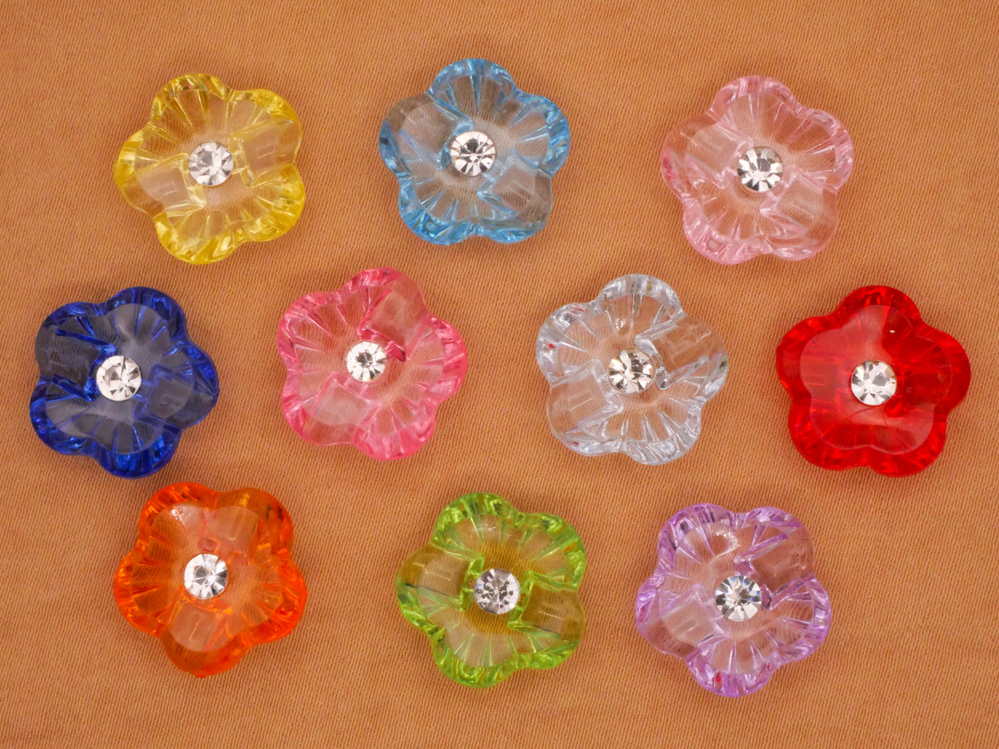 Flower Rhinestone Transparent Plastic Assorted Set of Ten Buttons 15mm
