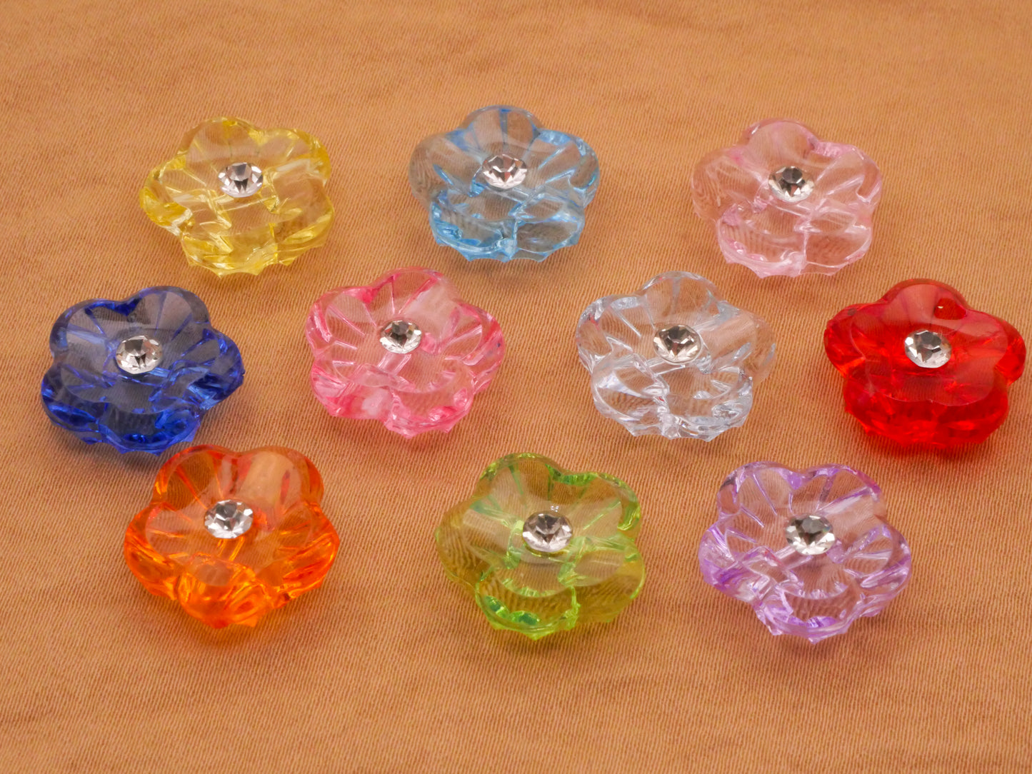 Flower Rhinestone Transparent Plastic Assorted Set of Ten Buttons 15mm