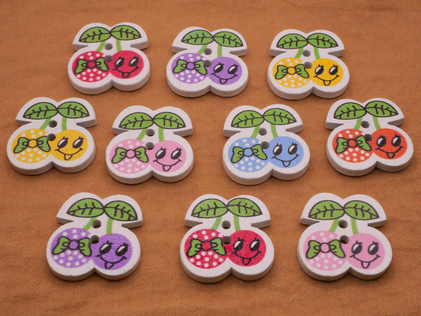 Cherry Cherries Bow Smiley Face Wood Assorted Set of Ten Buttons 20mm