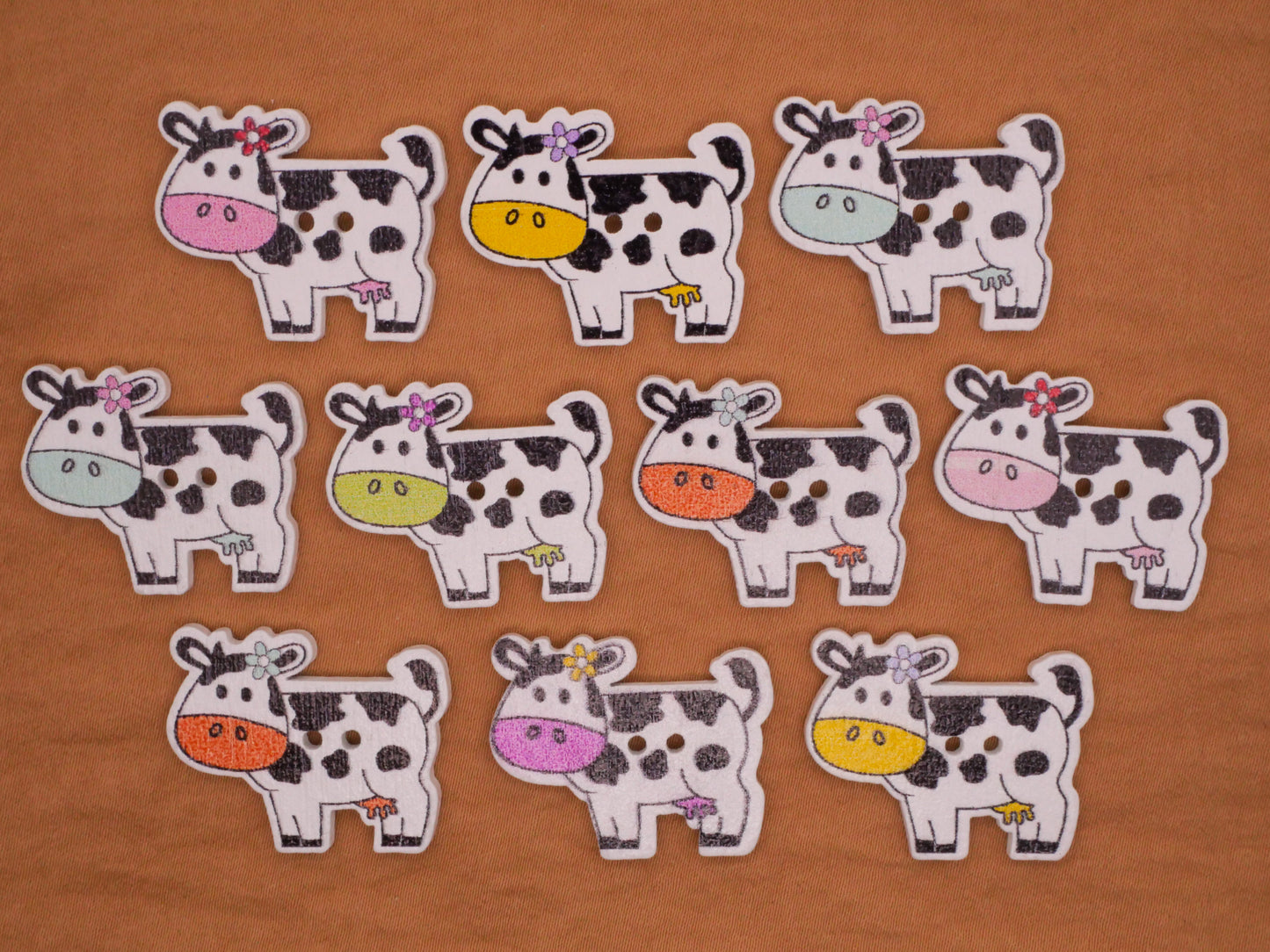 Cow Colorful Snout Wood Assorted Set of Ten Buttons 21x28mm