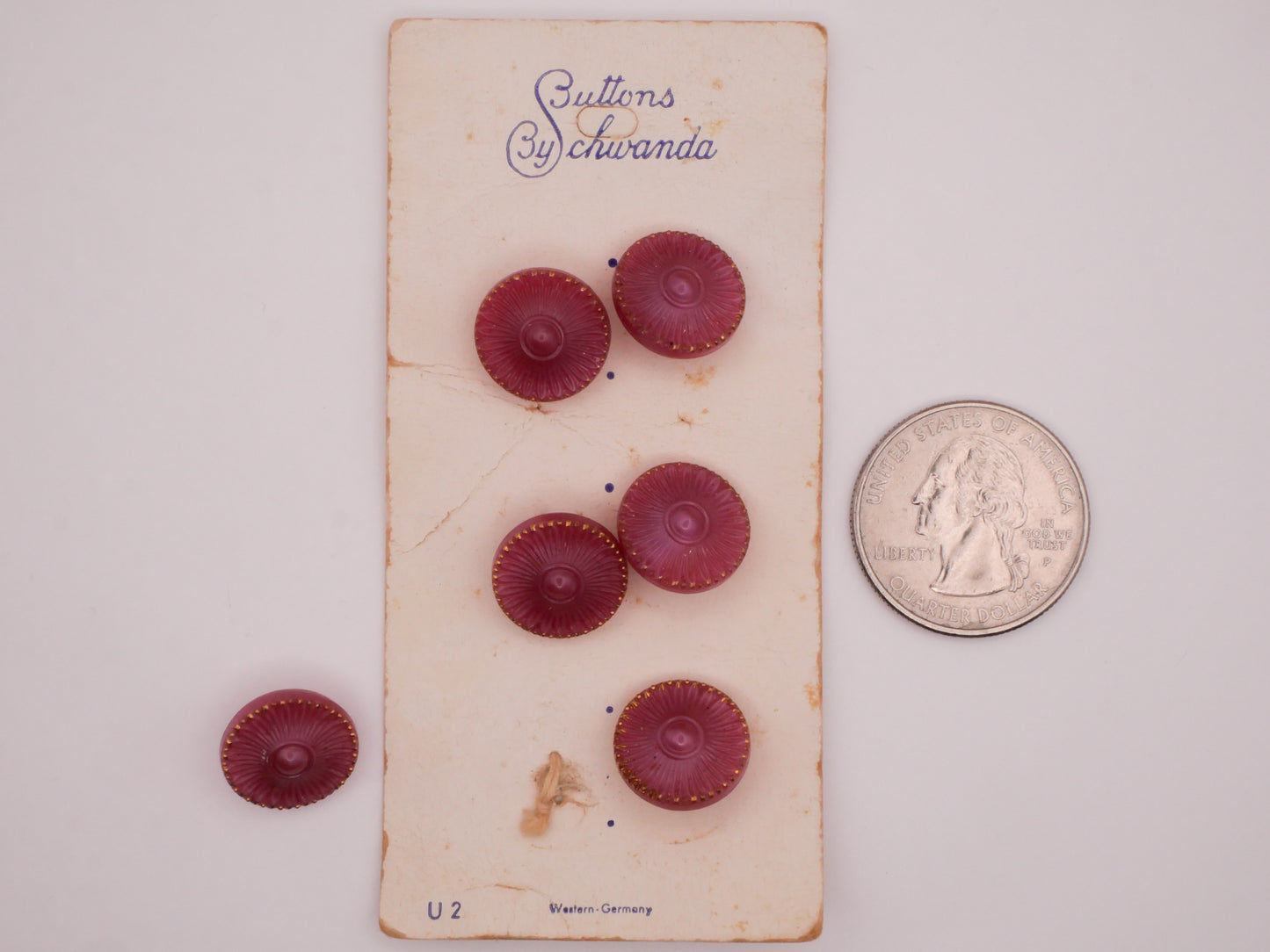 Flower Pink Gold Vintage Glass Carded Set of Six Buttons 13mm