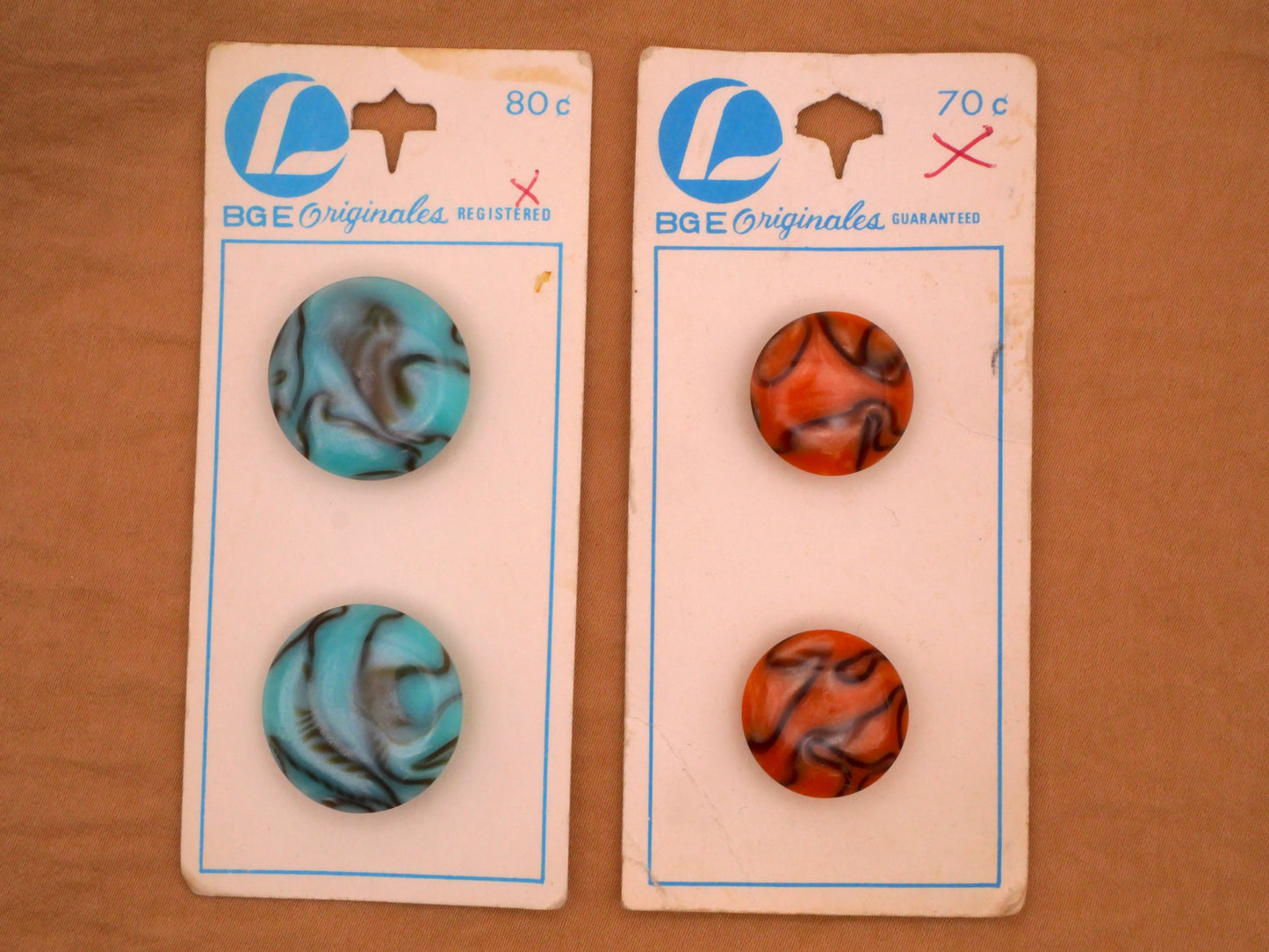 Marbled Aqua or Coral Carded Pair of Buttons Various 17-22mm