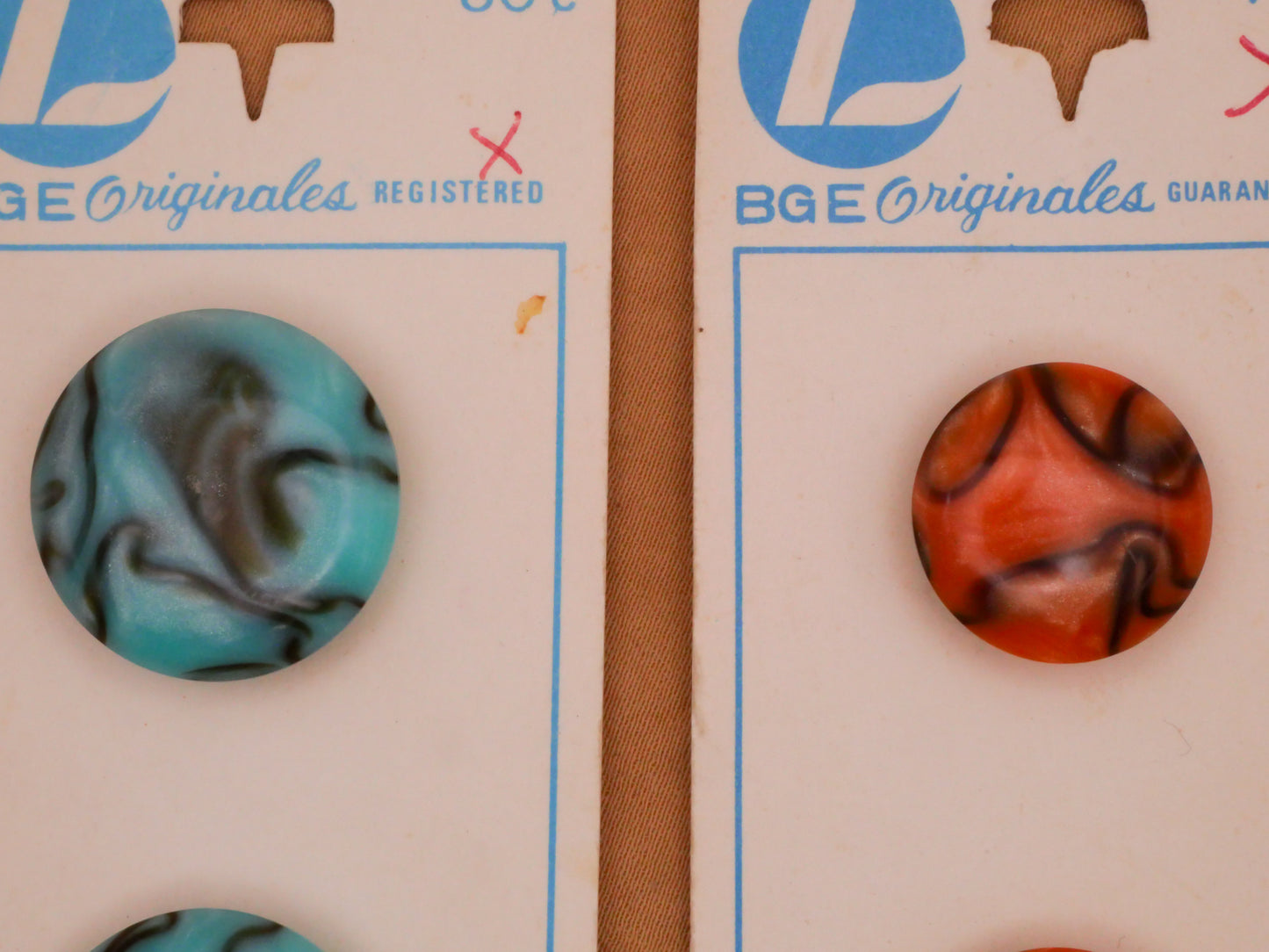 Marbled Aqua or Coral Carded Pair of Buttons Various 17-22mm