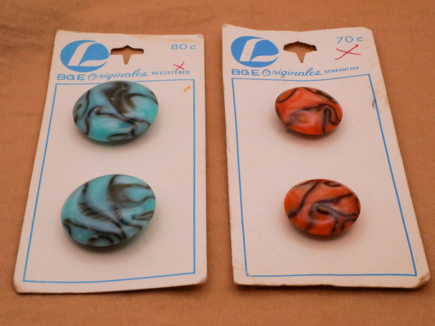 Marbled Aqua or Coral Carded Pair of Buttons Various 17-22mm