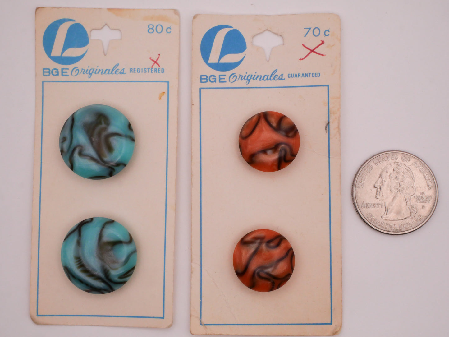 Marbled Aqua or Coral Carded Pair of Buttons Various 17-22mm