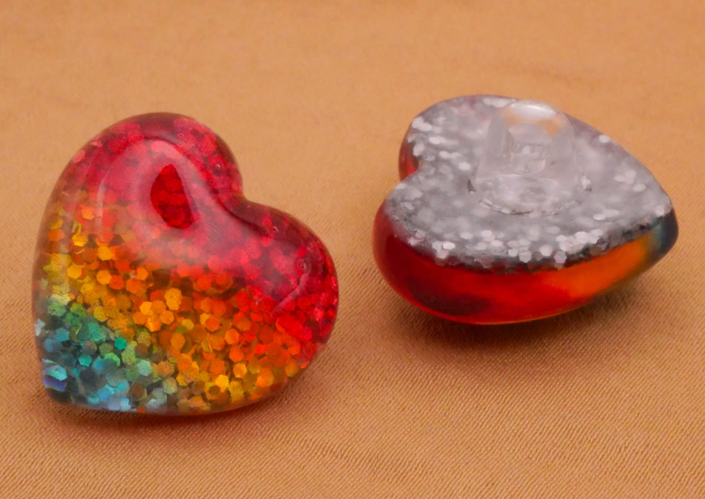 Heart Glitter Rainbow Resin Plastic Pair of Buttons 20x21mm