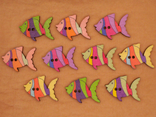 Rainbow Fish Ocean Colorful Wood Assorted Set of Ten Buttons 20x27mm