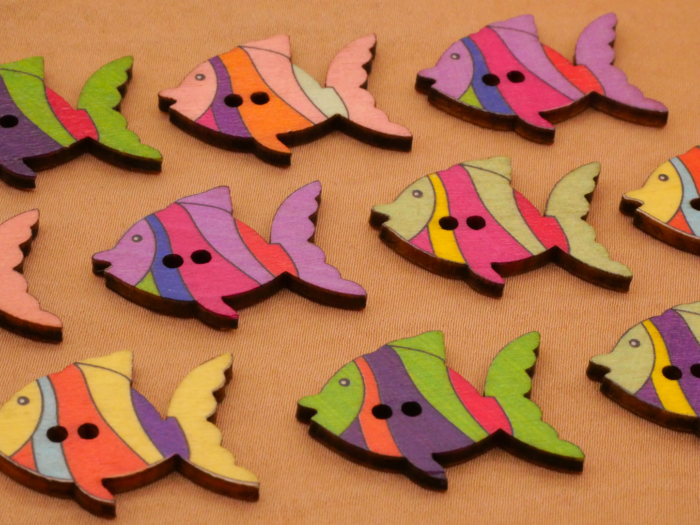 Rainbow Fish Ocean Colorful Wood Assorted Set of Ten Buttons 20x27mm