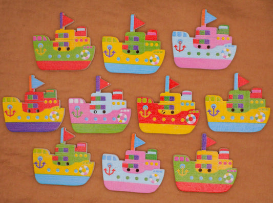 Ship Anchor Nautical Colorful Wood Assorted Set of Ten Buttons 30x31mm