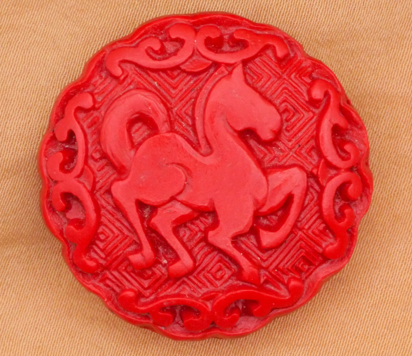 Horse Cinnabar Look Large Carved Vintage Plastic Button 32mm