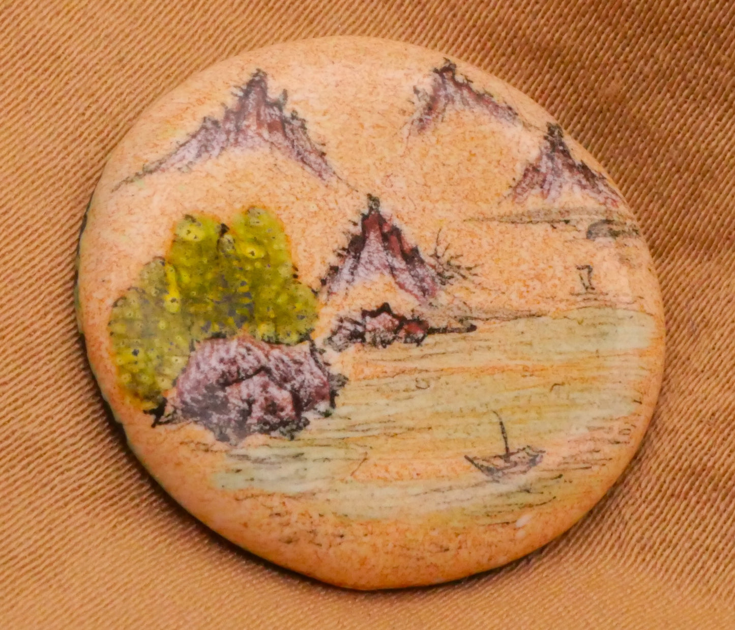 Landscape Mountain Ocean Boats Enamel Painted Metal Button 23mm