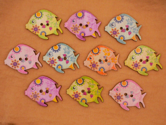 Fish Muted Colors Wood Assorted Set of Ten Buttons 23x30mm