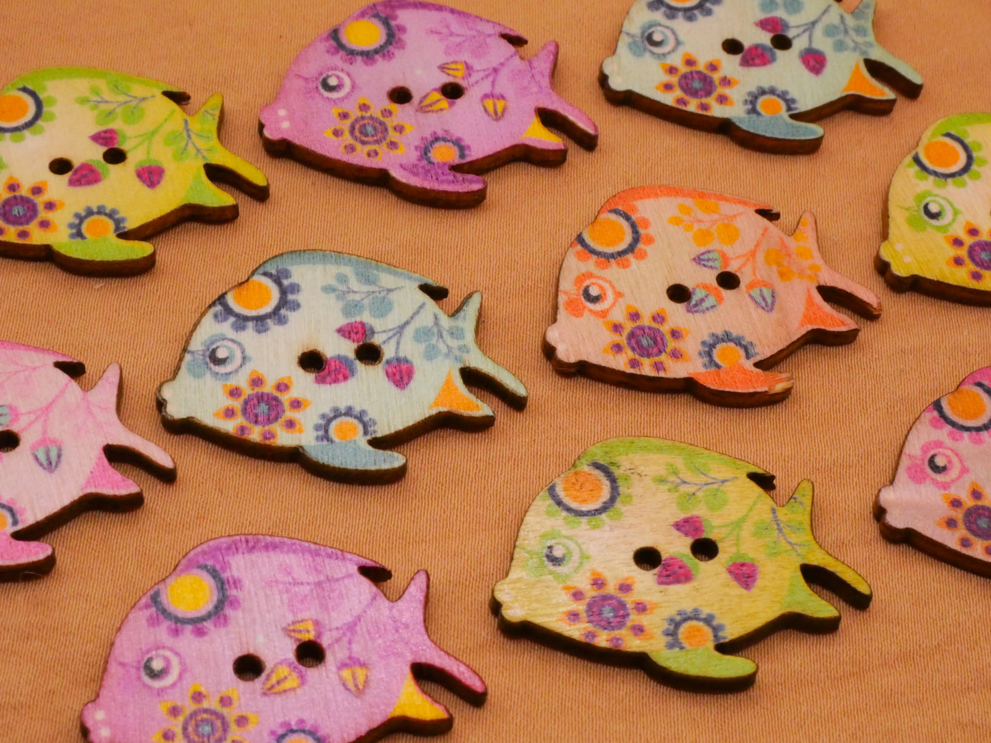 Fish Muted Colors Wood Assorted Set of Ten Buttons 23x30mm