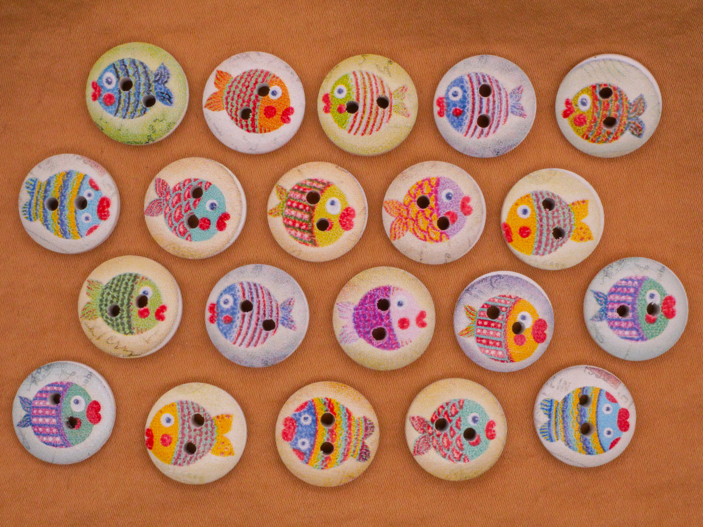 Fish Colorful Wood Assorted Set of Twenty Buttons 15mm