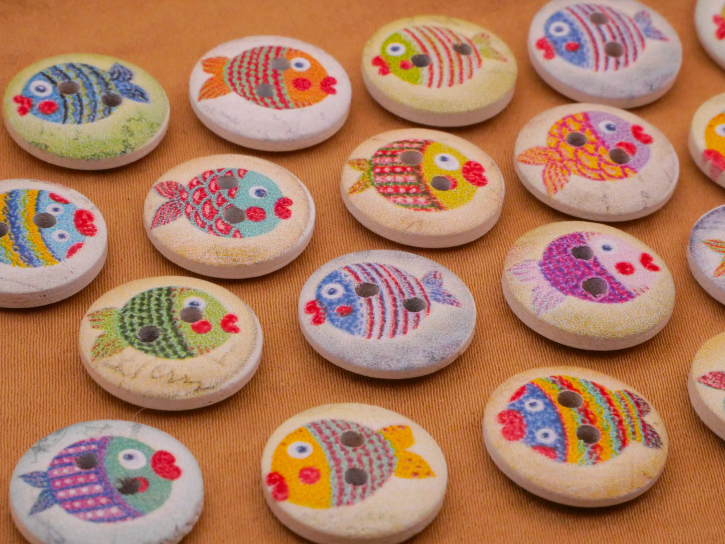 Fish Colorful Wood Assorted Set of Twenty Buttons 15mm