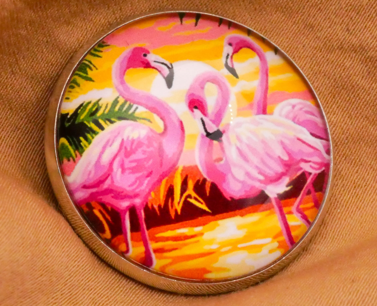 Flamingo Bird Beach Glass Silver Metal Button 27mm