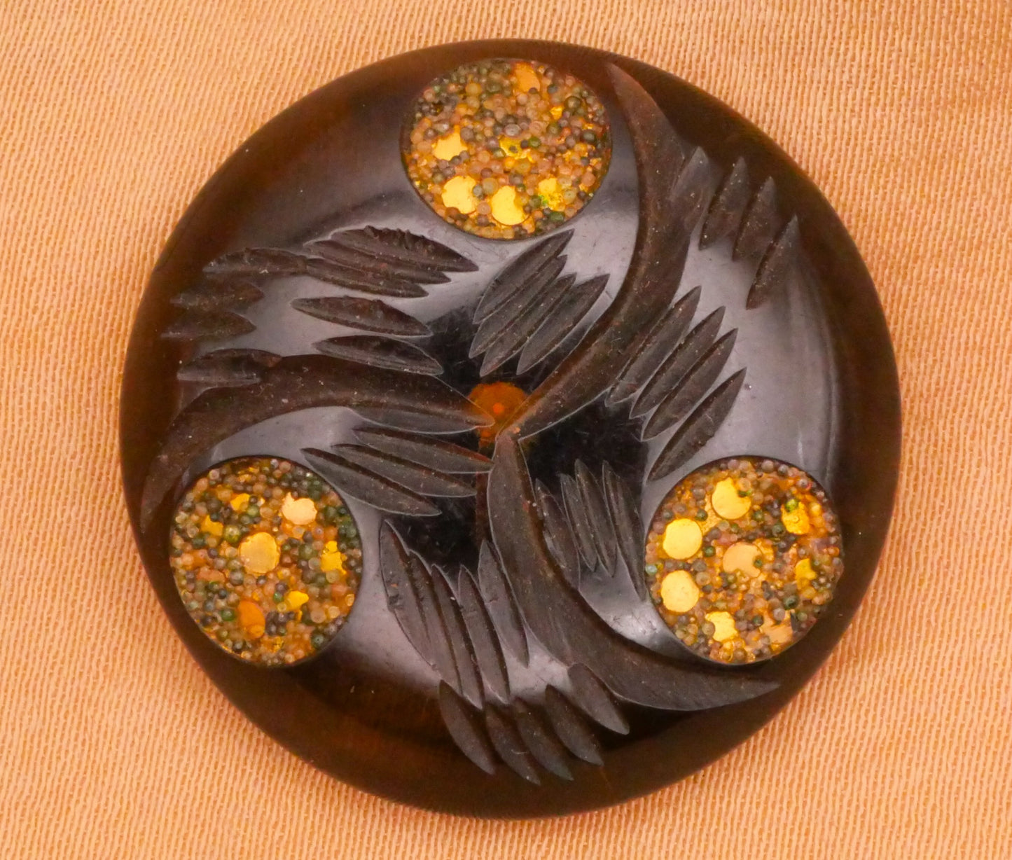 Gold Sand Inlay Carved Semi-Translucent Vintage Plastic Button 28mm