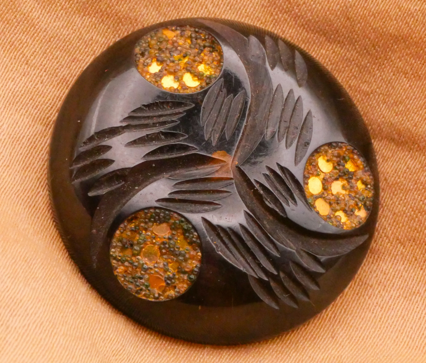 Gold Sand Inlay Carved Semi-Translucent Vintage Plastic Button 28mm