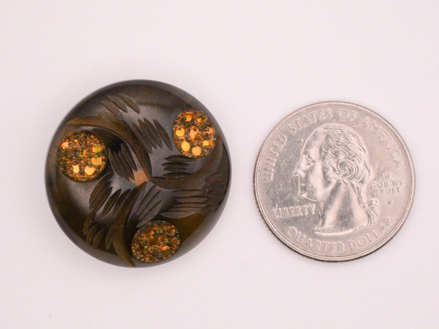 Gold Sand Inlay Carved Semi-Translucent Vintage Plastic Button 28mm