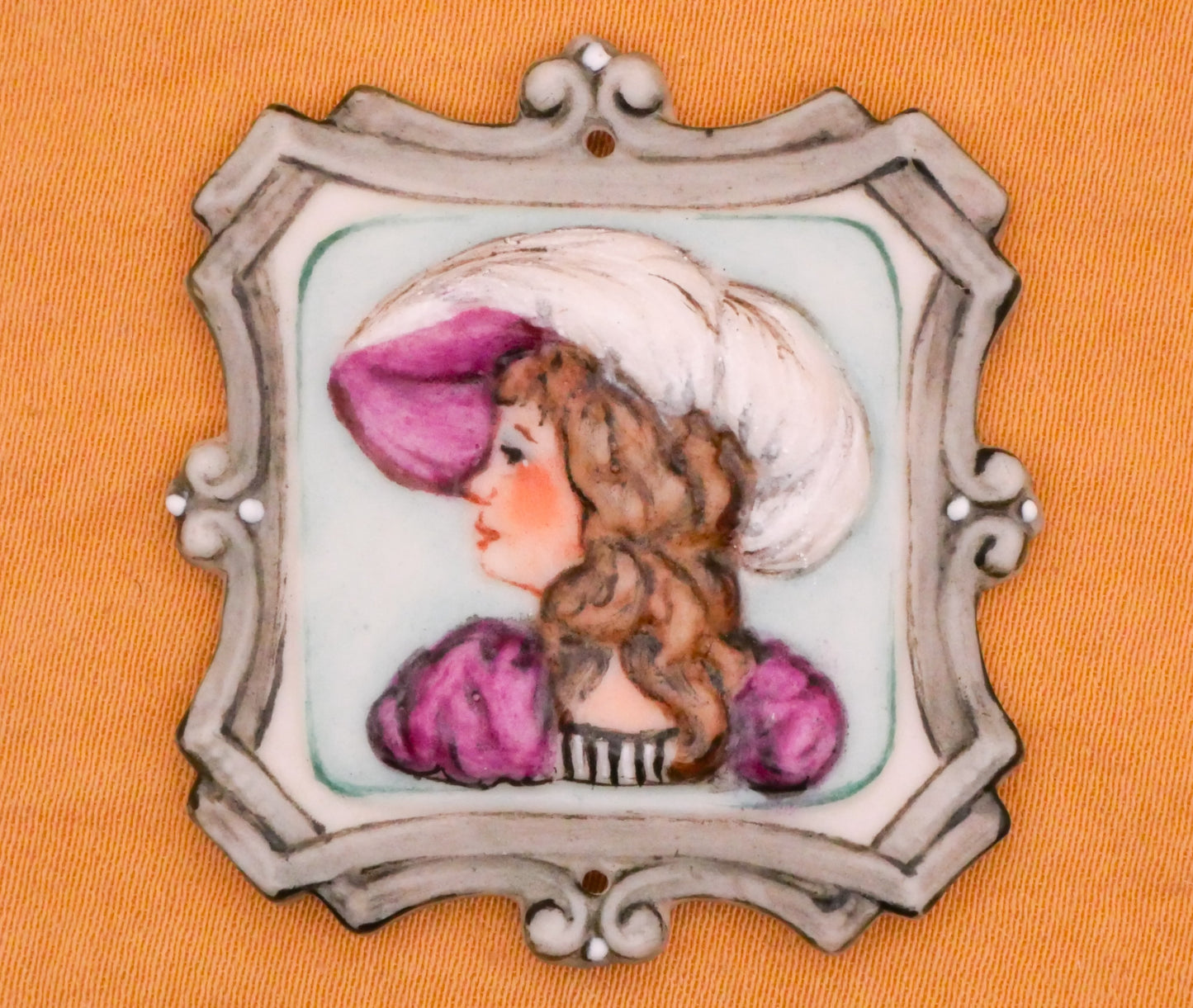 Lady Portrait Purple Hat Frame Hand-Painted Porcelain Ceramic Large Embellishment 36x38mm