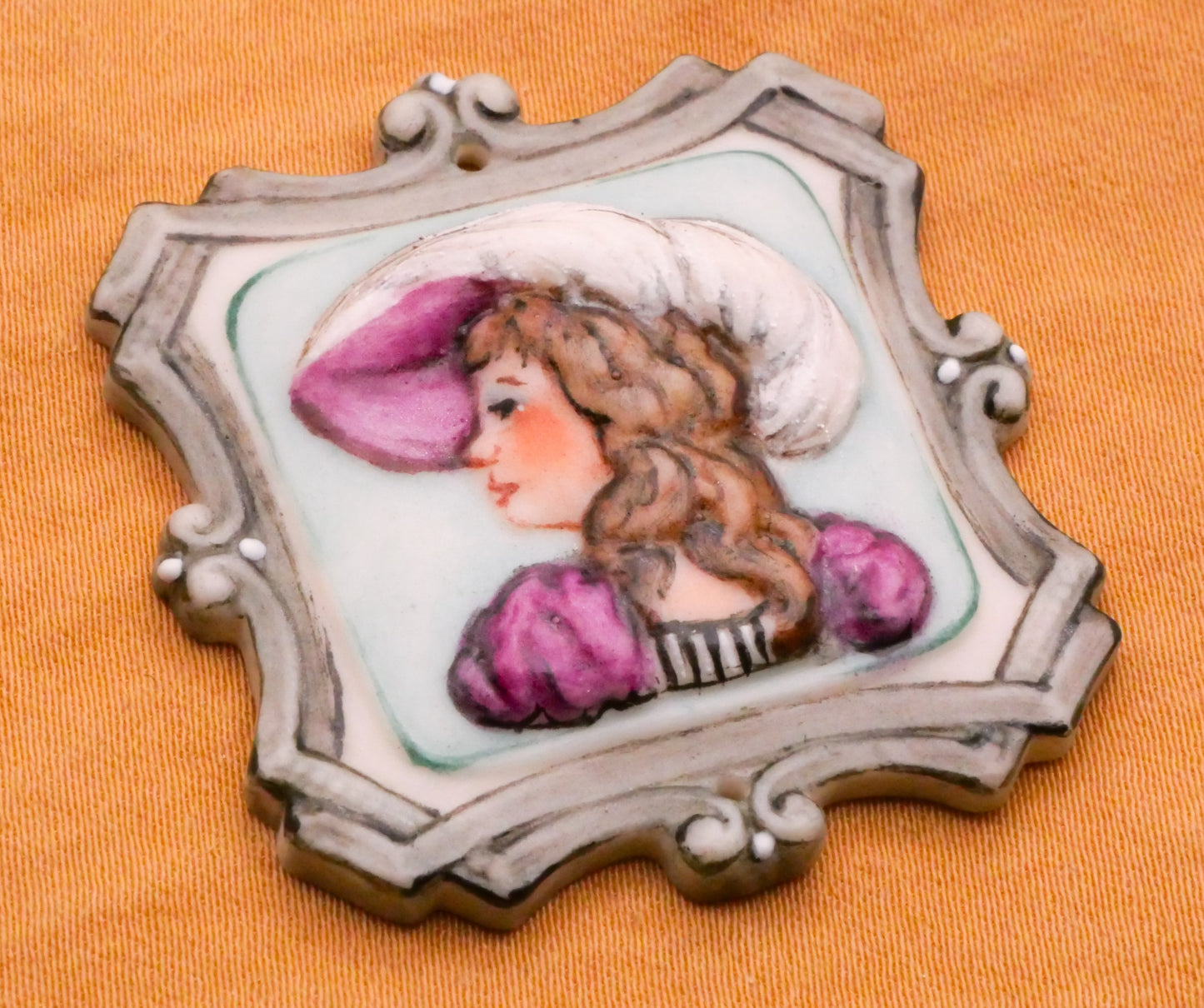 Lady Portrait Purple Hat Frame Hand-Painted Porcelain Ceramic Large Embellishment 36x38mm