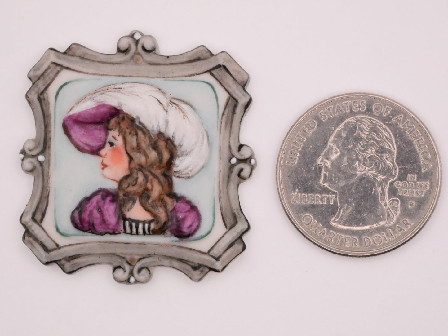 Lady Portrait Purple Hat Frame Hand-Painted Porcelain Ceramic Large Embellishment 36x38mm