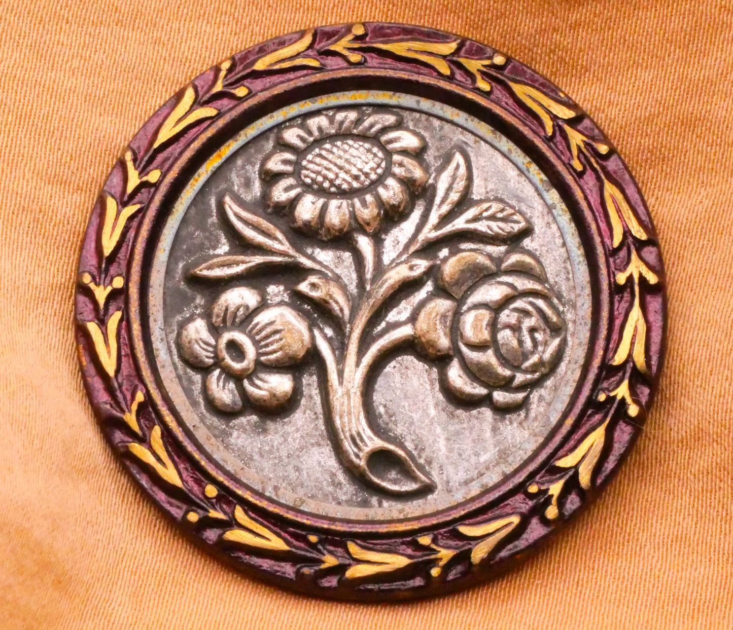 Flower Bouquet Purple Tinted Frame Victorian Large Metal Button 36mm