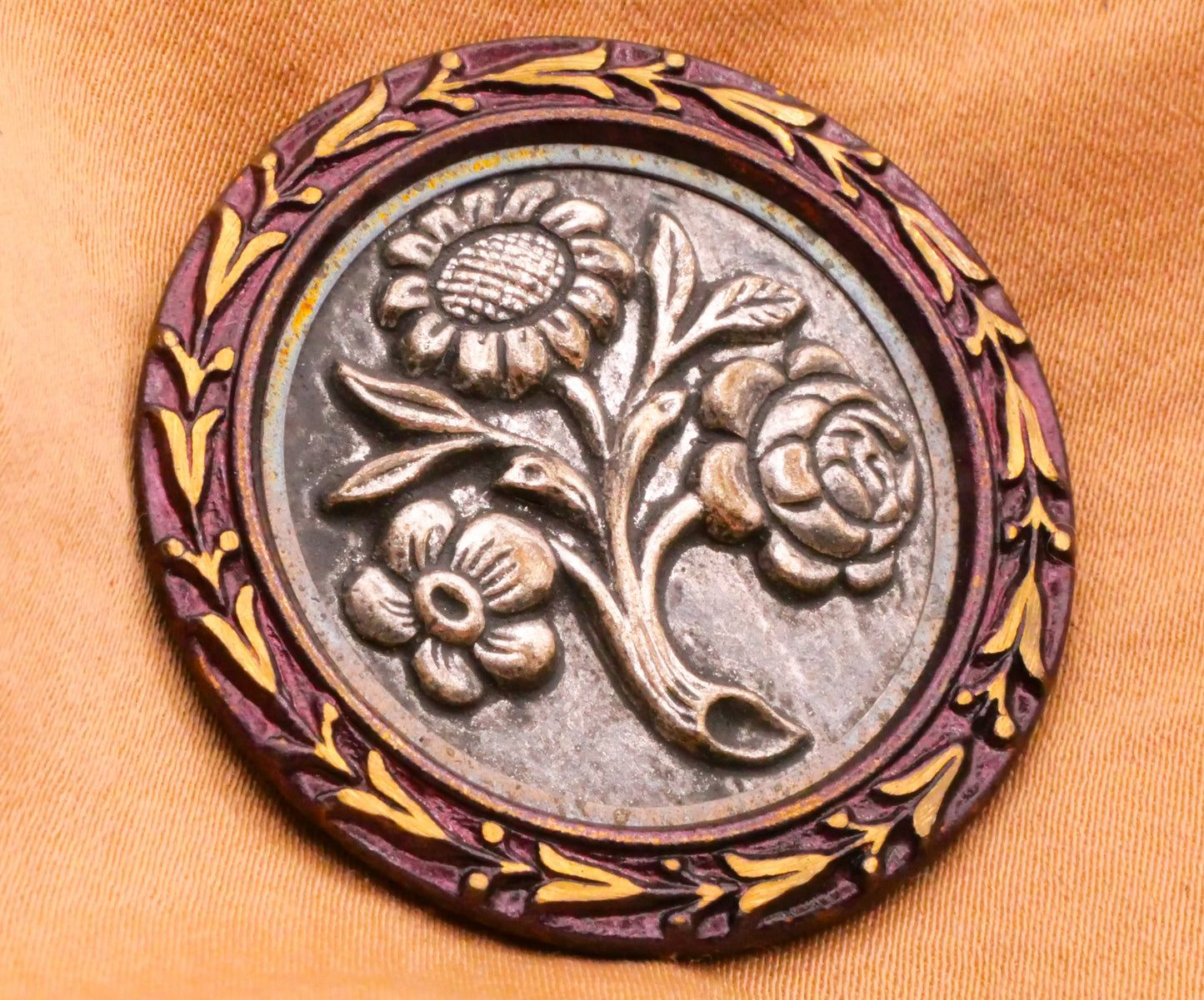 Flower Bouquet Purple Tinted Frame Victorian Large Metal Button 36mm