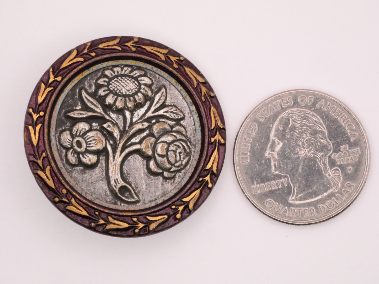 Flower Bouquet Purple Tinted Frame Victorian Large Metal Button 36mm