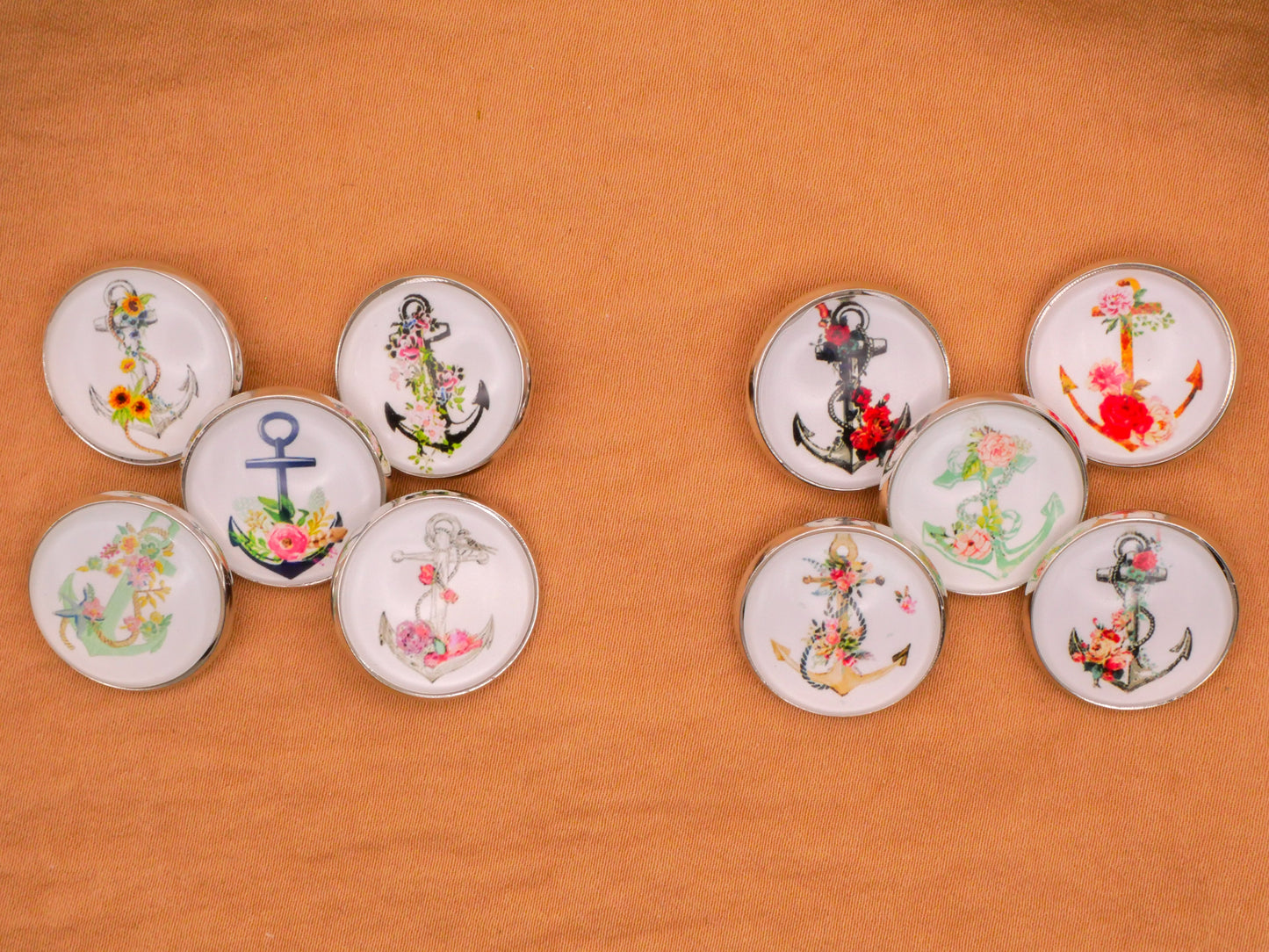 Anchor Flower Design Glass Silver Metal Set of Five Buttons Various 20mm